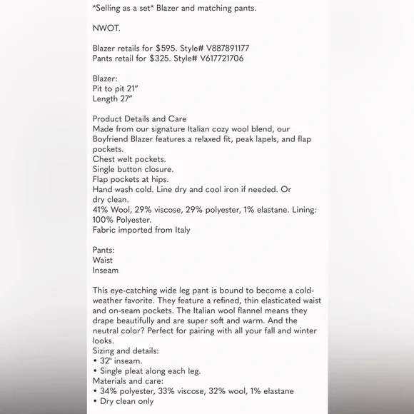 NWOT VINCE SET Boyfriend Blazer Flannel Wide Leg Pants Wool